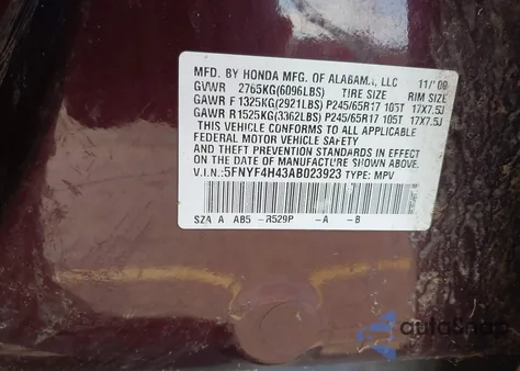 2010 Honda Pilot Ex z USA, uszkodzony, nr VIN 5FNYF4H43AB023923